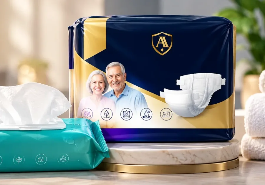 A pack of Aaegis Secure adult diapers beside disposable bath towels on a bathroom counter