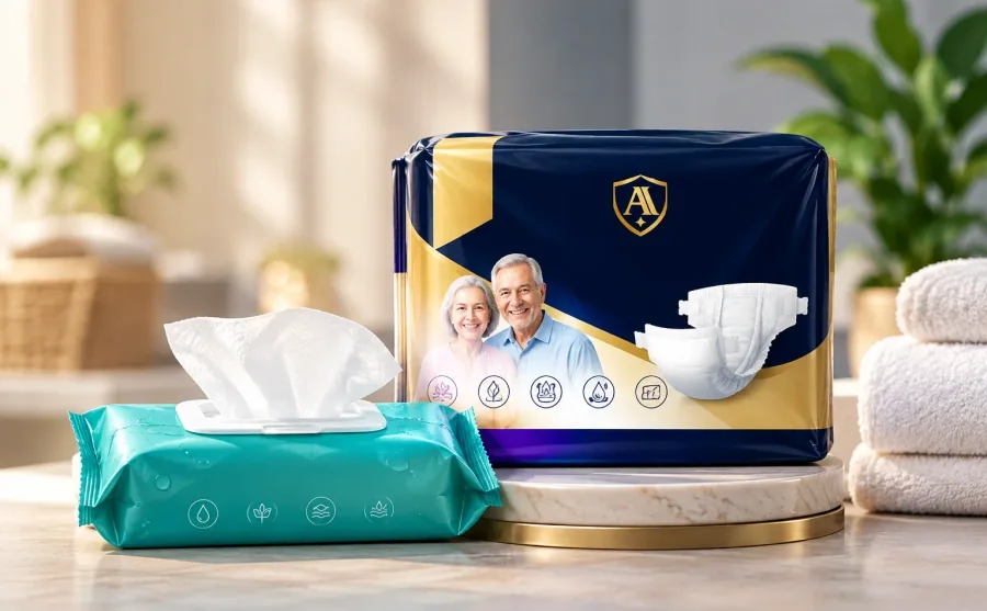 Adult diapers and bath towels set out on a bathroom counter at home, ready for the first night back