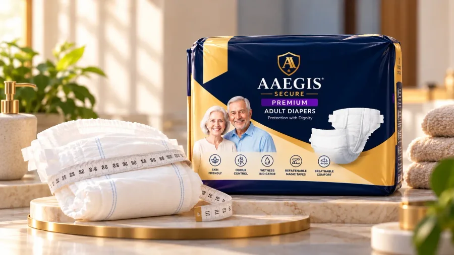 A measuring tape beside an Aaegis Secure adult diaper and pack, ready to check the waist size