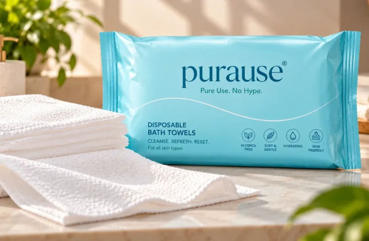 A pack of PuraUse disposable bath towels beside folded towels, free with every pack of Aaegis Secure adult diapers