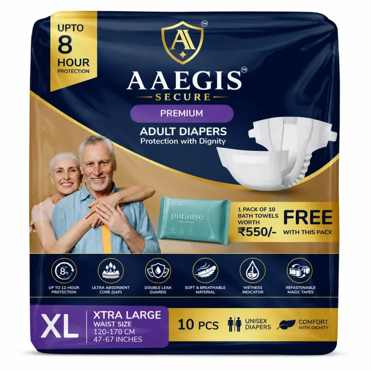 Aaegis Secure Premium Adult Diapers pack, extra large size, ten unisex diapers with free PuraUse bath towels