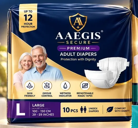 Aaegis Secure Premium Adult Diapers pack in size Large, showing the wetness indicator and magic tape features