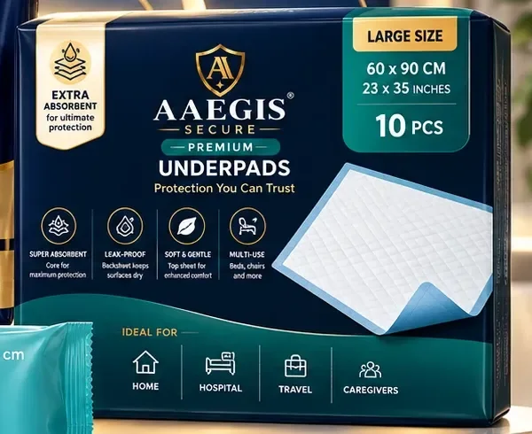 Aaegis Secure Premium Underpads box, large 60 by 90 cm size, ten disposable pads